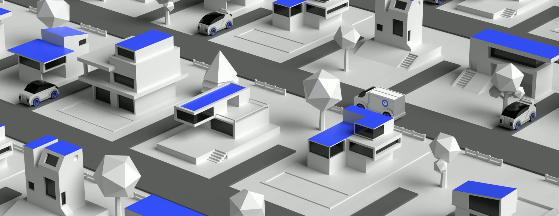 3D rendered isometric city scene with white and gray buildings, blue accents, and delivery vehicles